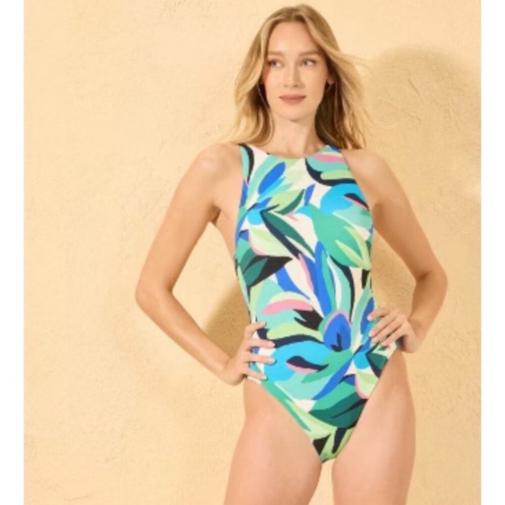 Shade & Shore - Women’s Tropical Pique High Neck One Piece Swimsuit Medium